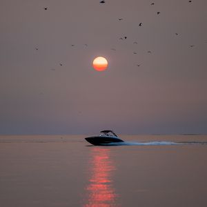 Preview wallpaper boat, sun, sunset, glare, birds