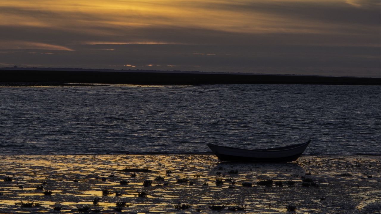 Wallpaper boat, sunset, horizon