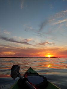 Preview wallpaper boat, sunset, horizon, canoe, sky