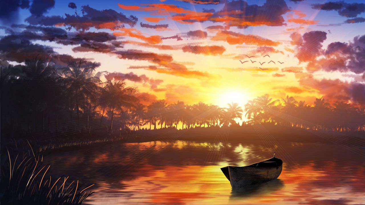 Wallpaper boat, sunset, palm trees, water, art