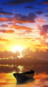 Preview wallpaper boat, sunset, palm trees, water, art