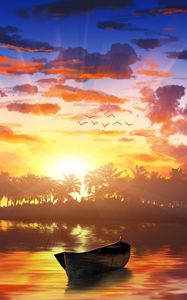 Preview wallpaper boat, sunset, palm trees, water, art