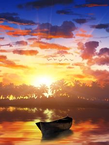 Preview wallpaper boat, sunset, palm trees, water, art