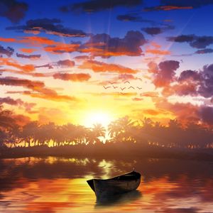 Preview wallpaper boat, sunset, palm trees, water, art