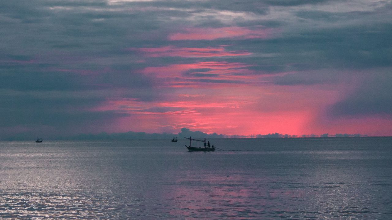 Wallpaper boat, sunset, sea, coast, sky