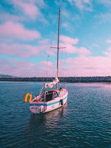 Preview wallpaper boat, sunset, skyline, pink, california