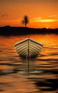 Preview wallpaper boat, sunset, skyline, lake, tree