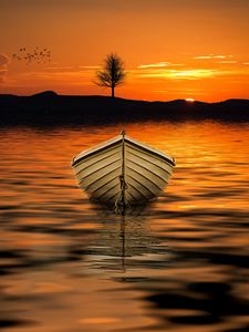 Preview wallpaper boat, sunset, skyline, lake, tree