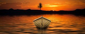 Preview wallpaper boat, sunset, skyline, lake, tree