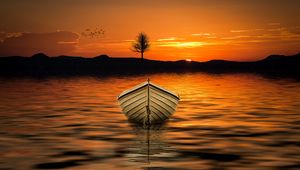 Preview wallpaper boat, sunset, skyline, lake, tree