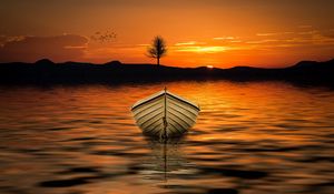 Preview wallpaper boat, sunset, skyline, lake, tree