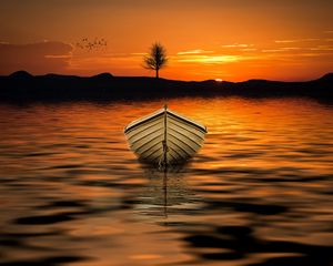 Preview wallpaper boat, sunset, skyline, lake, tree