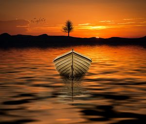 Preview wallpaper boat, sunset, skyline, lake, tree