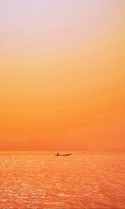 Preview wallpaper boat, sunset, sunlight, red, lake, ripples