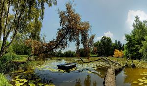 Preview wallpaper boat, trees, water-lilies, garden, sky, clouds, reflection, log, dead