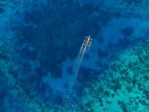 Preview wallpaper boat, water, aerial view, sea, coral reefs