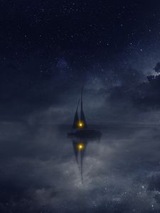 Preview wallpaper boat, water, clouds, night, art