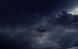 Preview wallpaper boat, water, clouds, night, art