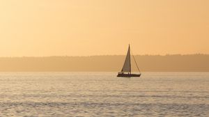 Preview wallpaper boat, water, fog, dusk