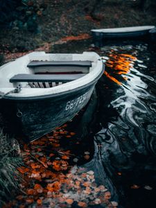 Preview wallpaper boat, water, foliage, shore, waves