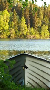 Preview wallpaper boat, water, river, forest, trees, landscape