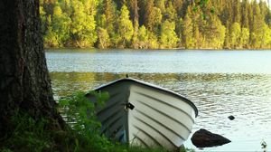 Preview wallpaper boat, water, river, forest, trees, landscape