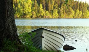 Preview wallpaper boat, water, river, forest, trees, landscape