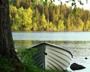 Preview wallpaper boat, water, river, forest, trees, landscape