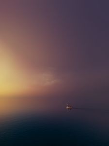 Preview wallpaper boat, water, sunset, sky, fog