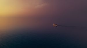 Preview wallpaper boat, water, sunset, sky, fog