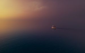 Preview wallpaper boat, water, sunset, sky, fog