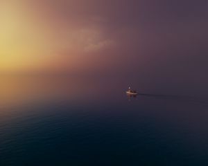 Preview wallpaper boat, water, sunset, sky, fog