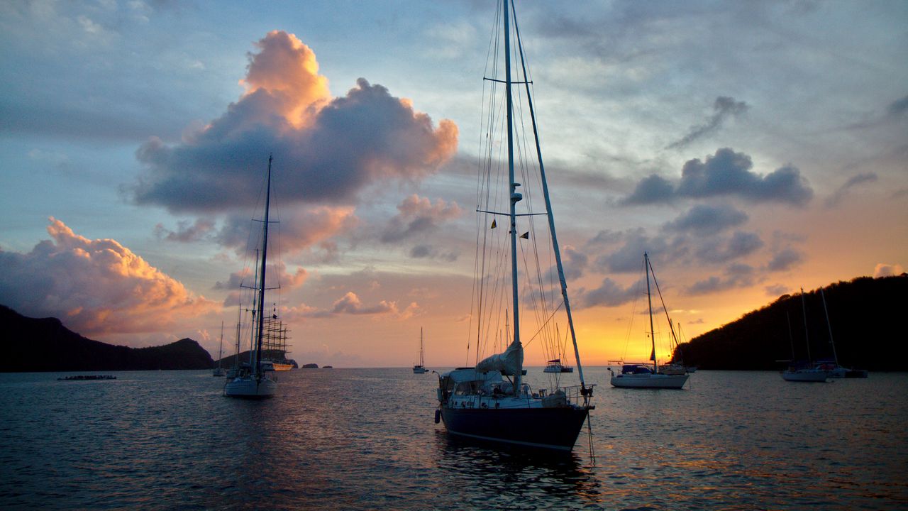 Wallpaper boat, yacht, masts, sea, evening