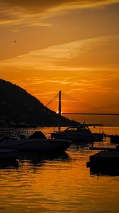 Preview wallpaper boats, bay, bridge, sunset, dark