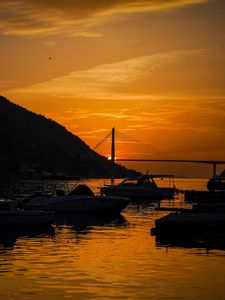 Preview wallpaper boats, bay, bridge, sunset, dark