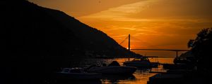 Preview wallpaper boats, bay, bridge, sunset, dark