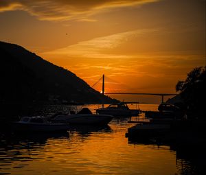 Preview wallpaper boats, bay, bridge, sunset, dark