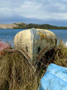 Preview wallpaper boats, canoes, grass, sea, hills