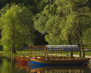 Preview wallpaper boats, coast, canopy, lake, slovenia, trees