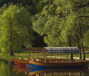 Preview wallpaper boats, coast, canopy, lake, slovenia, trees