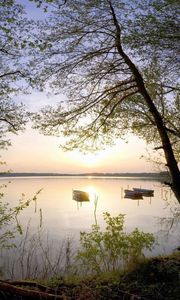 Preview wallpaper boats, coast, lake, decline, romanticism, tranquillity, evening