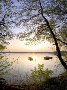 Preview wallpaper boats, coast, lake, decline, romanticism, tranquillity, evening