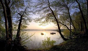 Preview wallpaper boats, coast, lake, decline, romanticism, tranquillity, evening