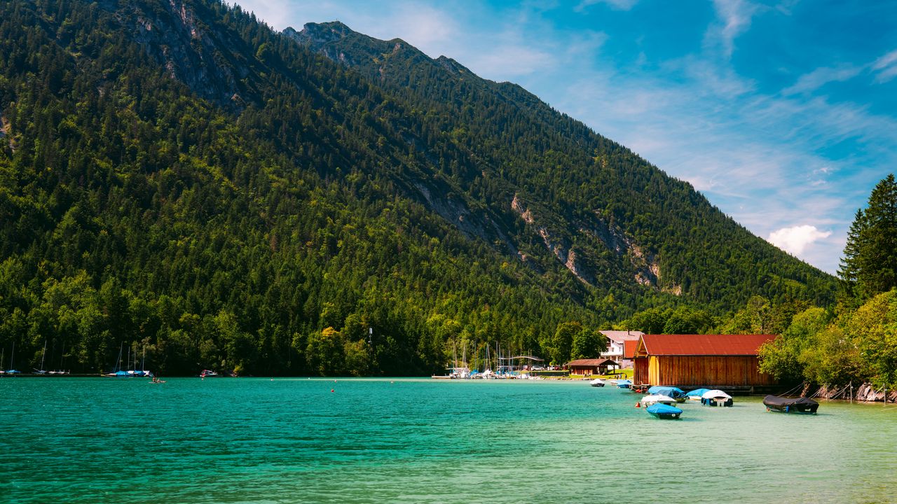 Wallpaper boats, coast, sea, forest, hills, houses, nature