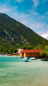Preview wallpaper boats, coast, sea, forest, hills, houses, nature