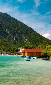 Preview wallpaper boats, coast, sea, forest, hills, houses, nature