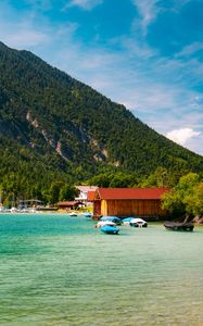 Preview wallpaper boats, coast, sea, forest, hills, houses, nature