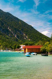Preview wallpaper boats, coast, sea, forest, hills, houses, nature
