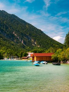 Preview wallpaper boats, coast, sea, forest, hills, houses, nature