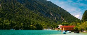 Preview wallpaper boats, coast, sea, forest, hills, houses, nature